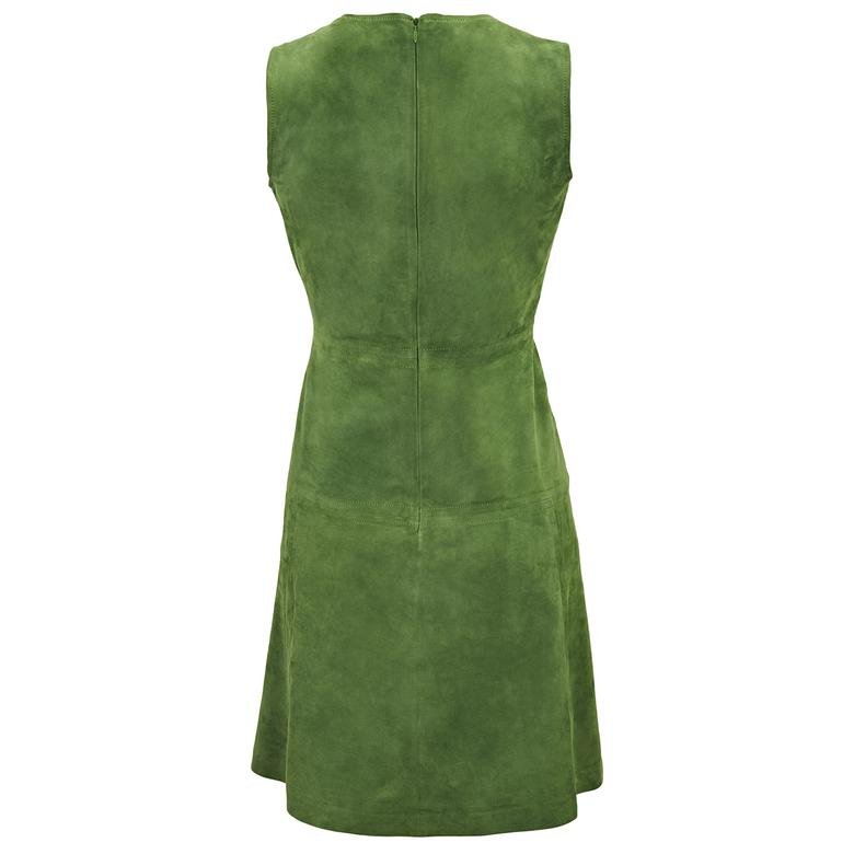 Yeşil Kuş Nakışlı Kadın Süet Elbise 1010022758004