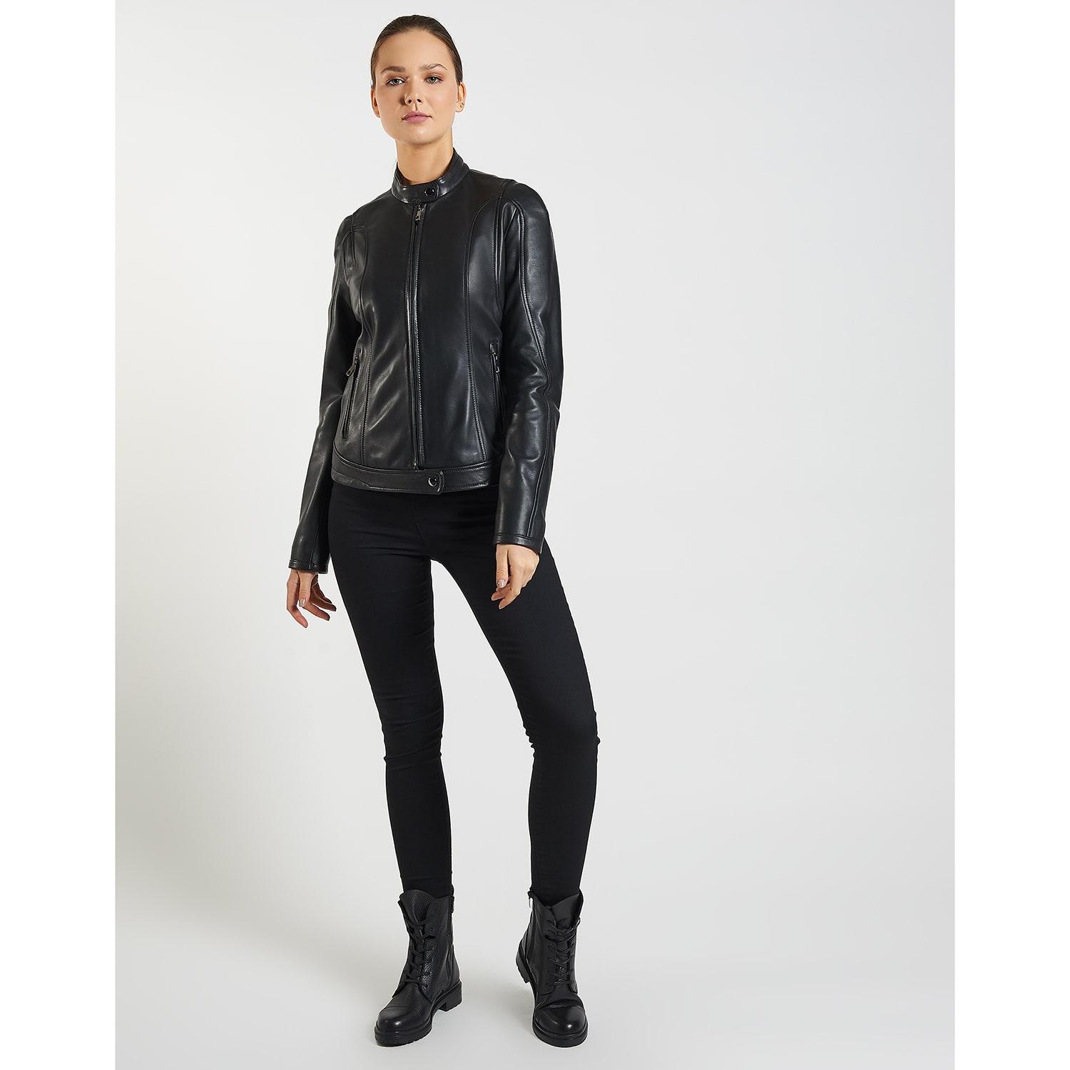 Siyah Tracy Kadın Deri Biker Mont 1010027264004