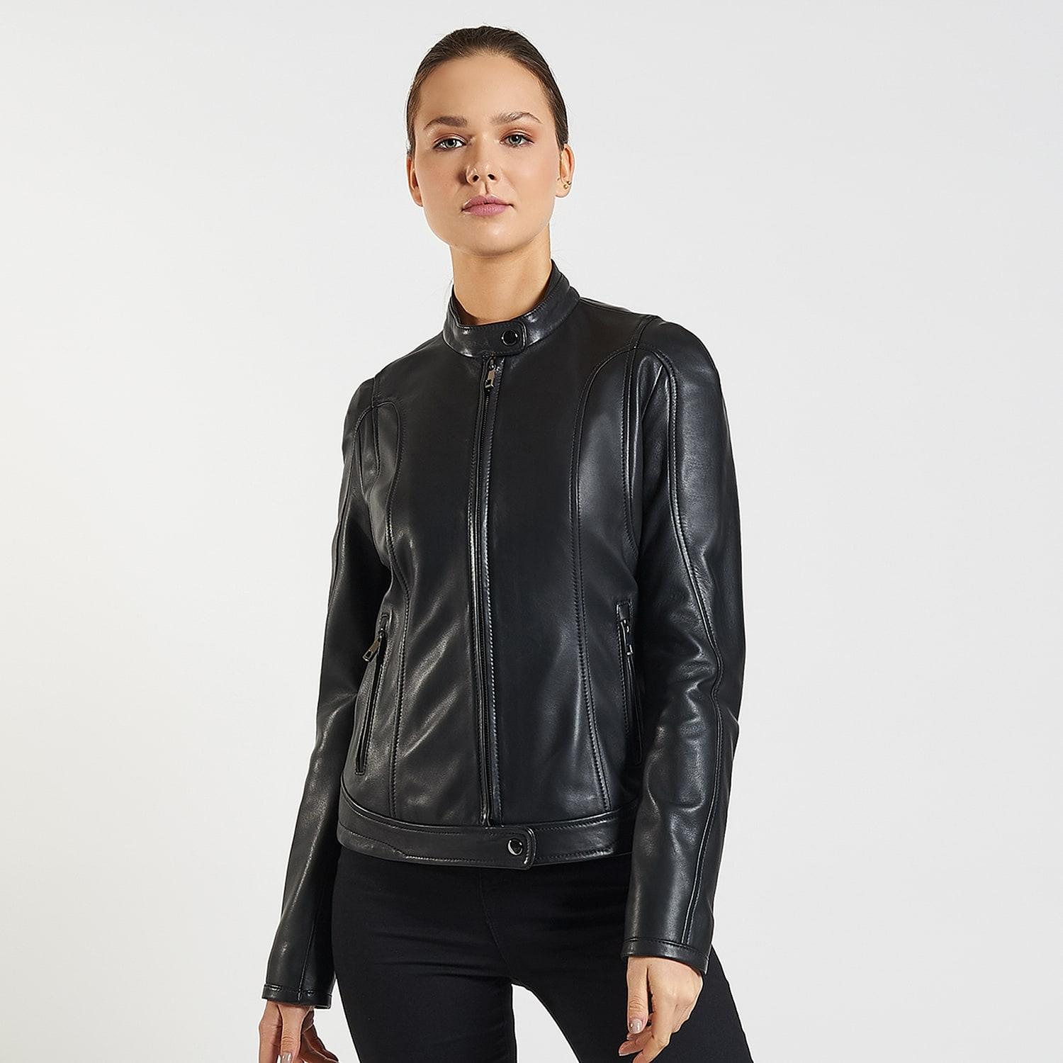 Siyah Tracy Kadın Deri Biker Mont 1010027264004
