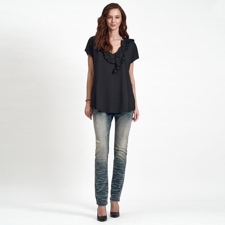 Siyah DKNY Jeans  V Yaka Kadın Bluz 2300001123003