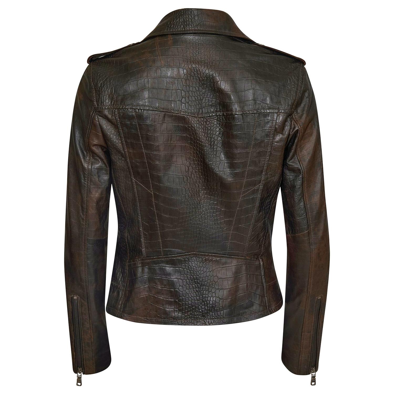Jolene Kahve Kadın Kroko Baskılı Deri Biker Ceket 1010031555005