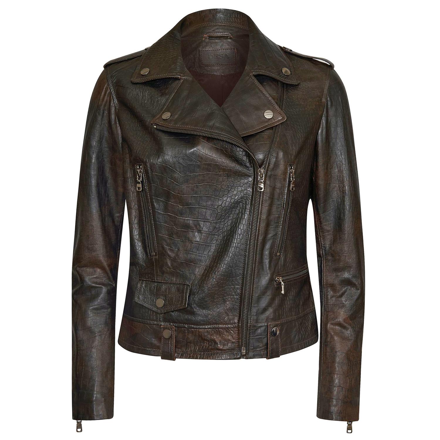 Jolene Kahve Kadın Kroko Baskılı Deri Biker Ceket 1010031555005