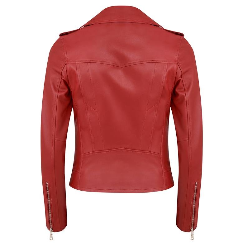 Kırmızı Kadın Biker Deri Ceket 1010032814012