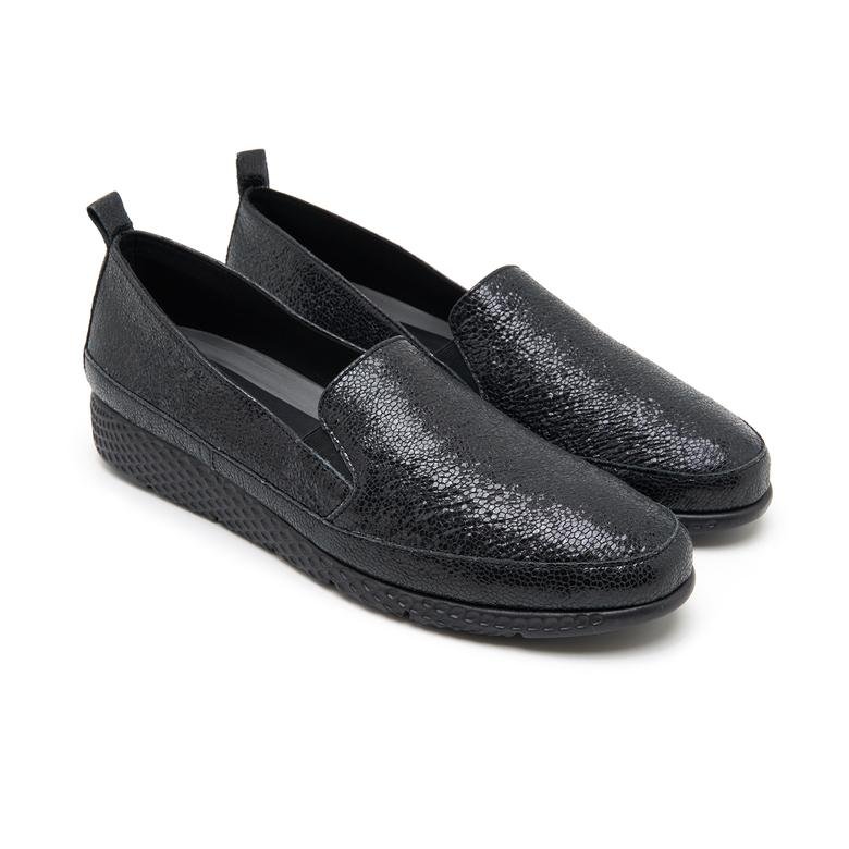 Lisa Comfort Metalik Siyah Kadın Deri Günlük Ayakkabı 2010048833001