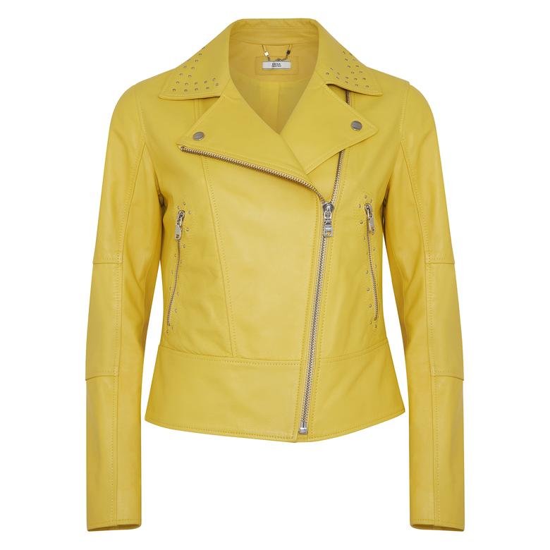 Sarı Belina Kadın Biker Deri Ceket 1010028470004