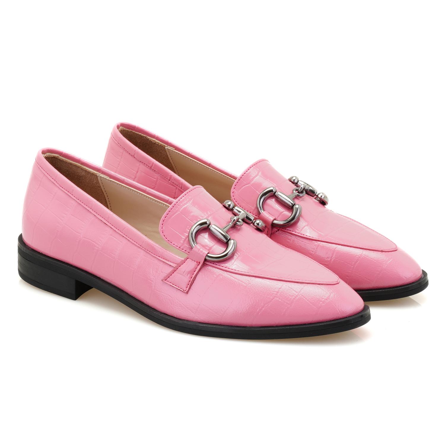 Kadın Pembe Kroko Baskılı Deri Loafer 2010049729007