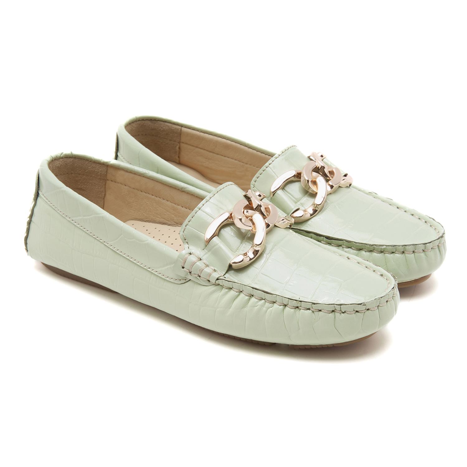 Kadın Açık Yeşil Kroko Baskılı Deri Loafer 2010048748031