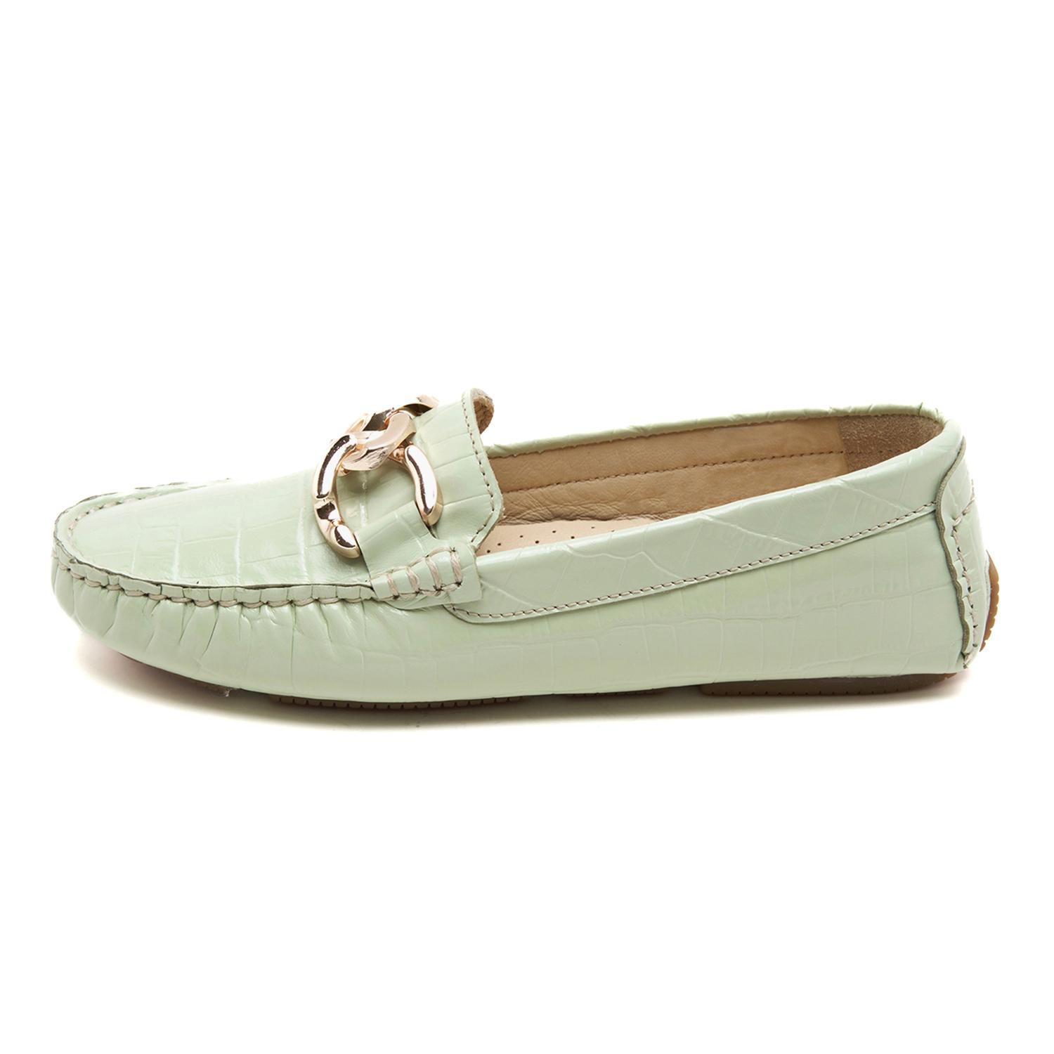 Kadın Açık Yeşil Kroko Baskılı Deri Loafer 2010048748031