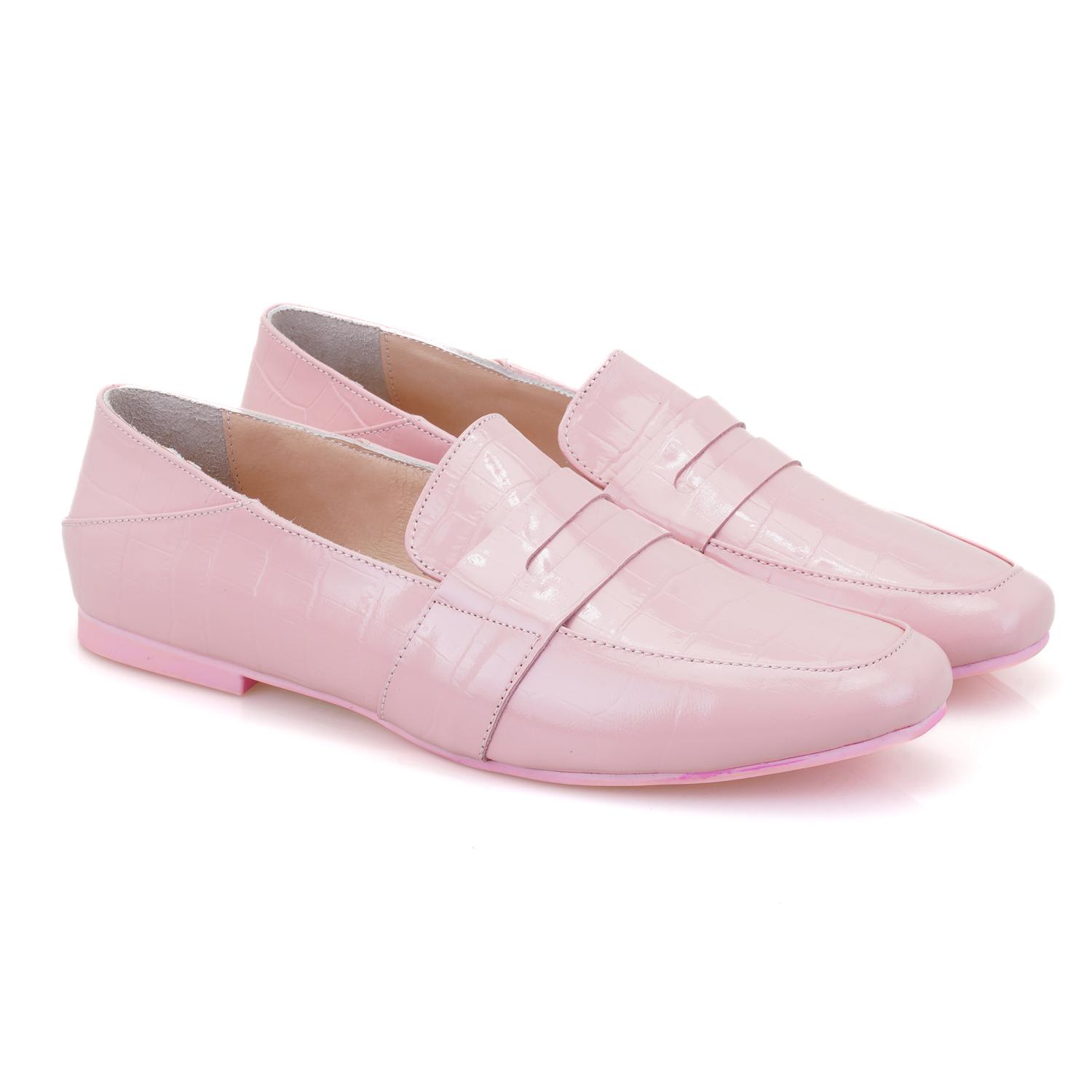 Kadın Pudra Kroko Baskılı Deri Loafer 2010048947013