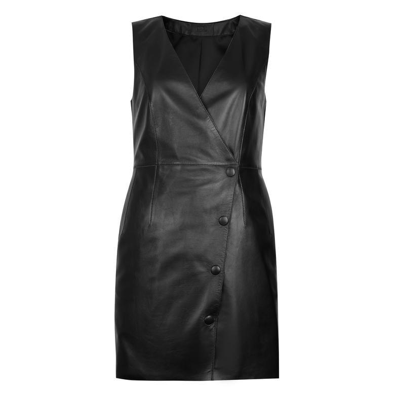 Arnola Siyah Kadın Kruvaze Deri Elbise 1010036725002