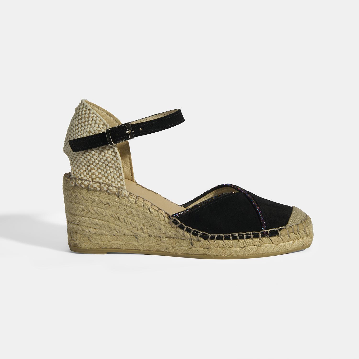 Siyah Kadın Toka Aksesuarlı Taş Detaylı Dolgu Topuklu Süet Espadril 2010054118002