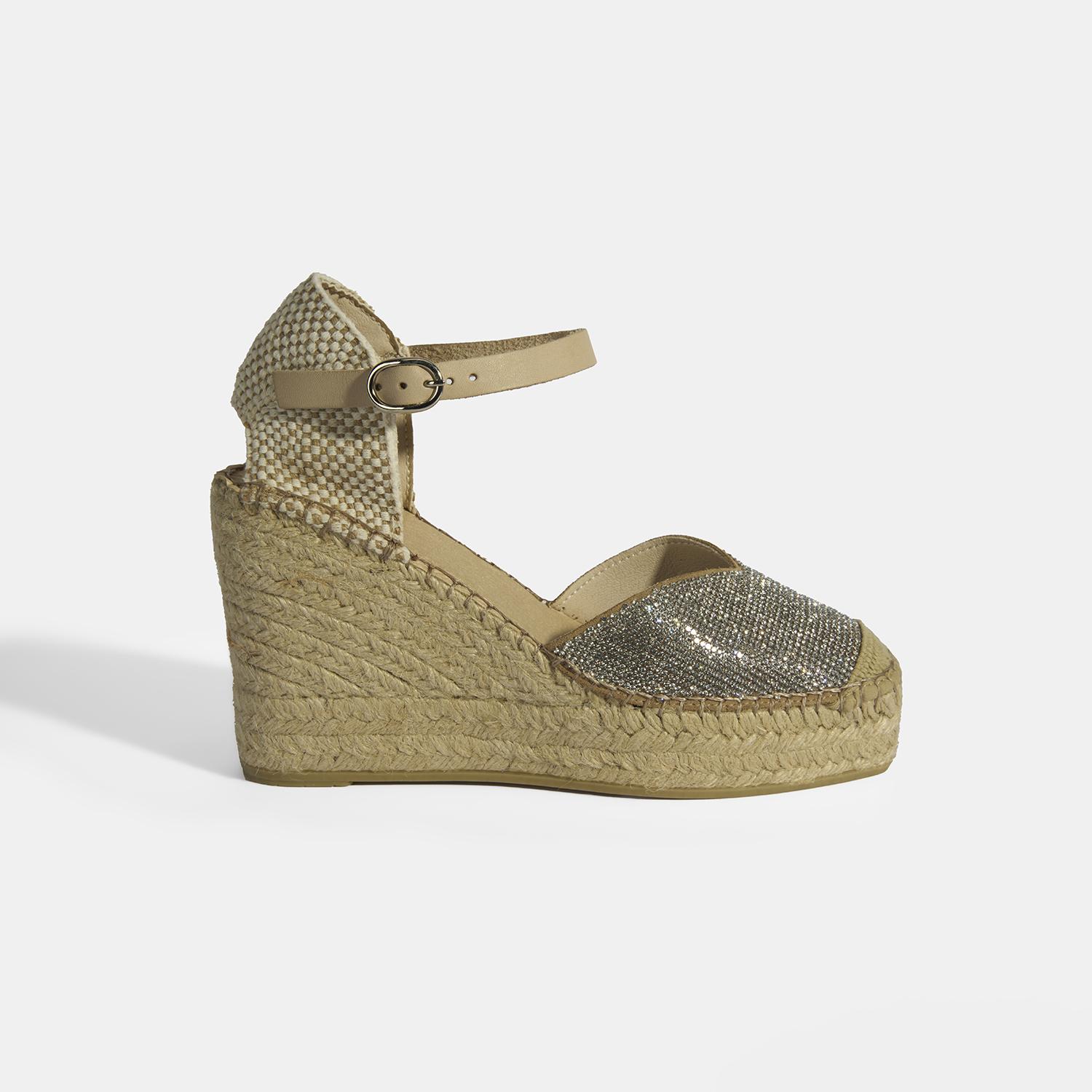 Bej Kadın Toka Aksesuarlı Taş Detaylı Dolgu Topuklu Süet Espadril 2010054138002