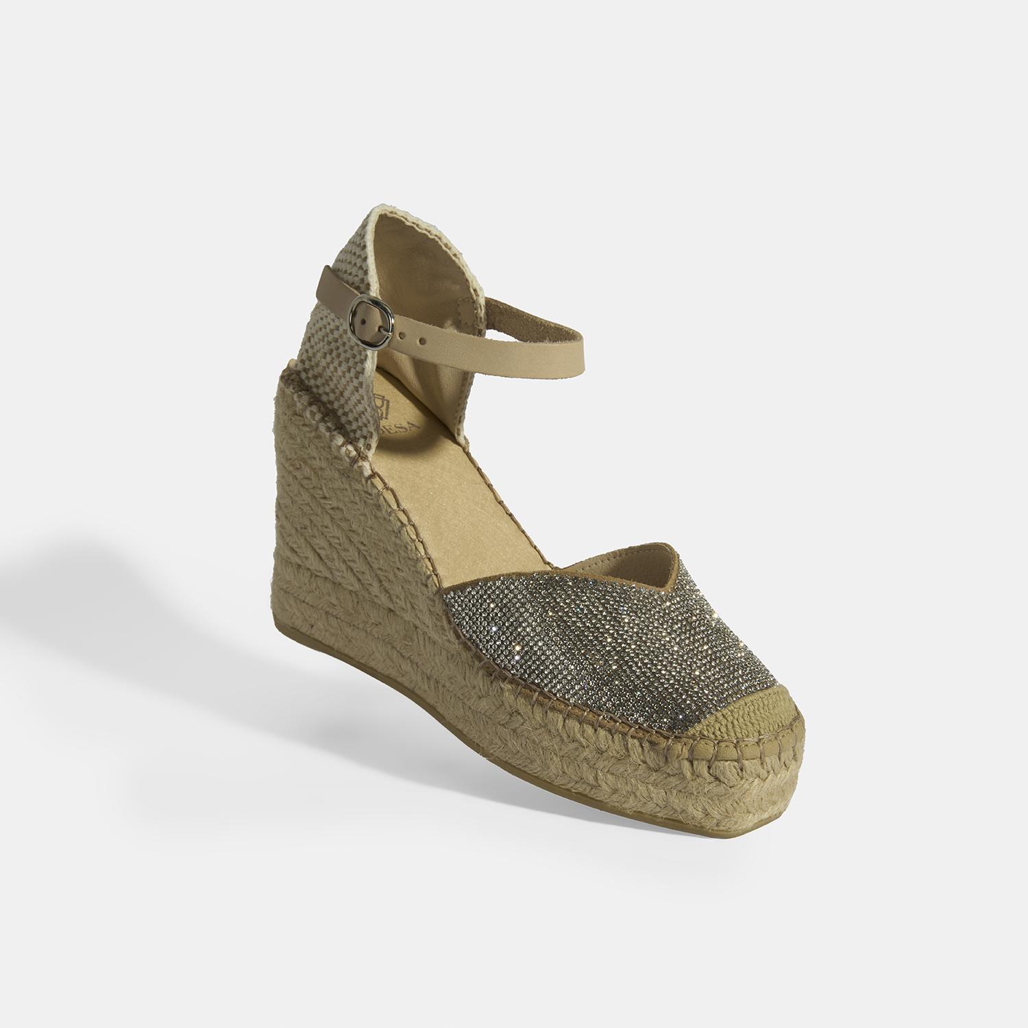 Bej Kadın Toka Aksesuarlı Taş Detaylı Dolgu Topuklu Süet Espadril 2010054138002