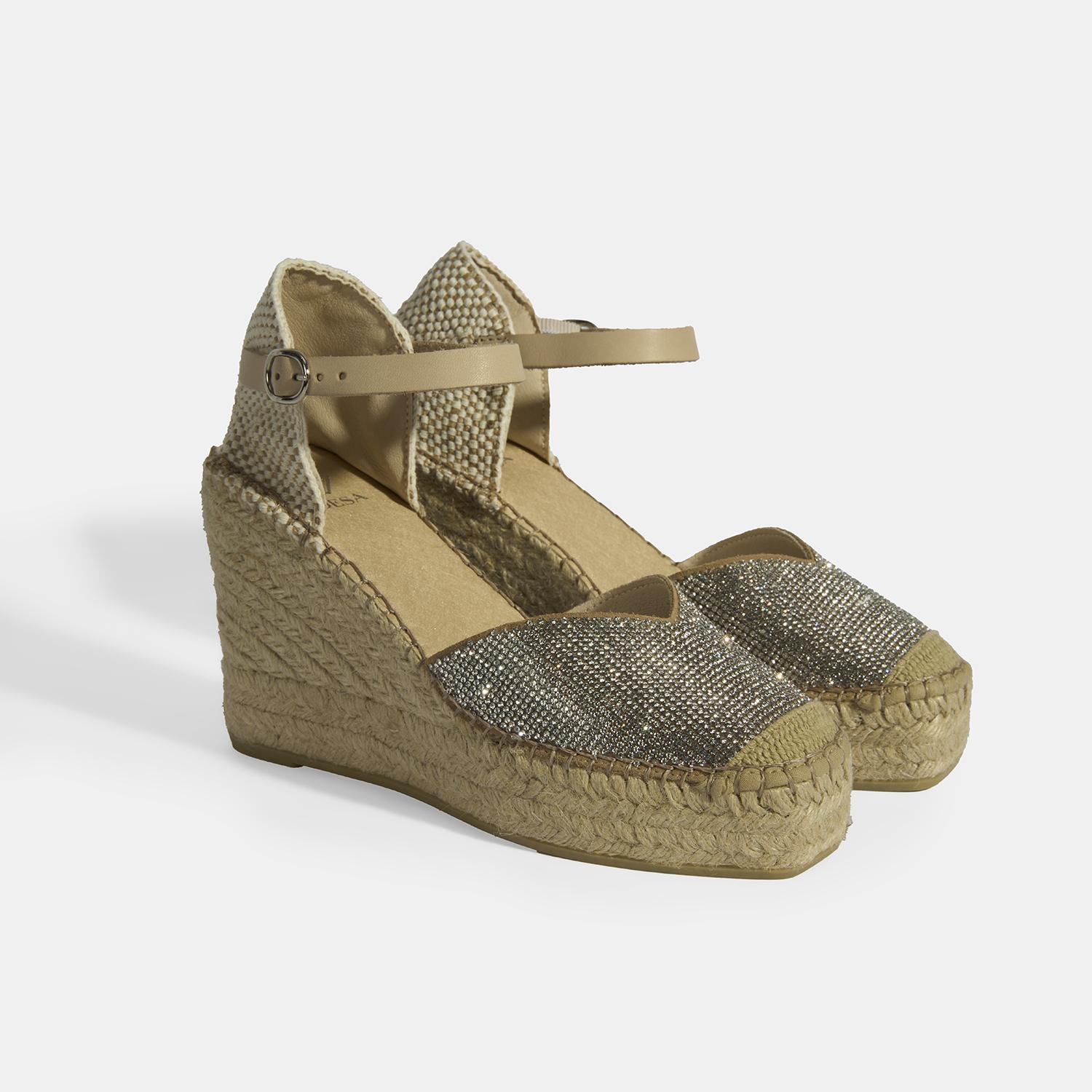 Bej Kadın Toka Aksesuarlı Taş Detaylı Dolgu Topuklu Süet Espadril 2010054138002