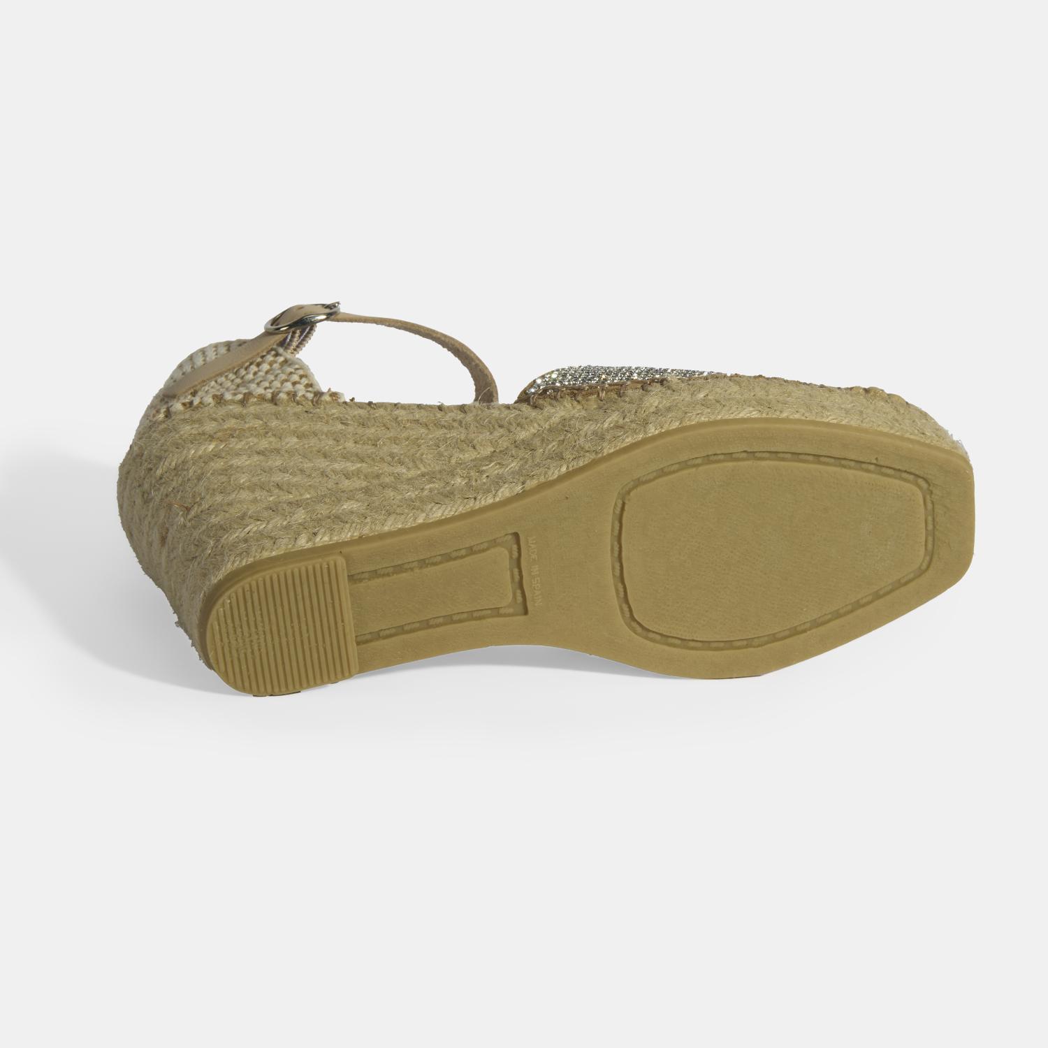 Bej Kadın Toka Aksesuarlı Taş Detaylı Dolgu Topuklu Süet Espadril 2010054138002
