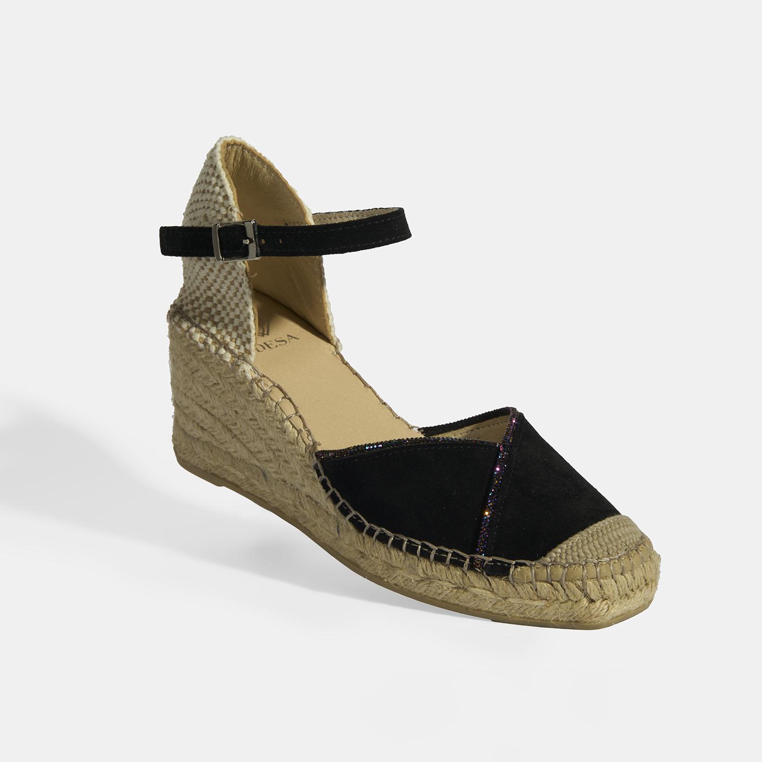 Siyah Kadın Toka Aksesuarlı Taş Detaylı Dolgu Topuklu Süet Espadril 2010054118002