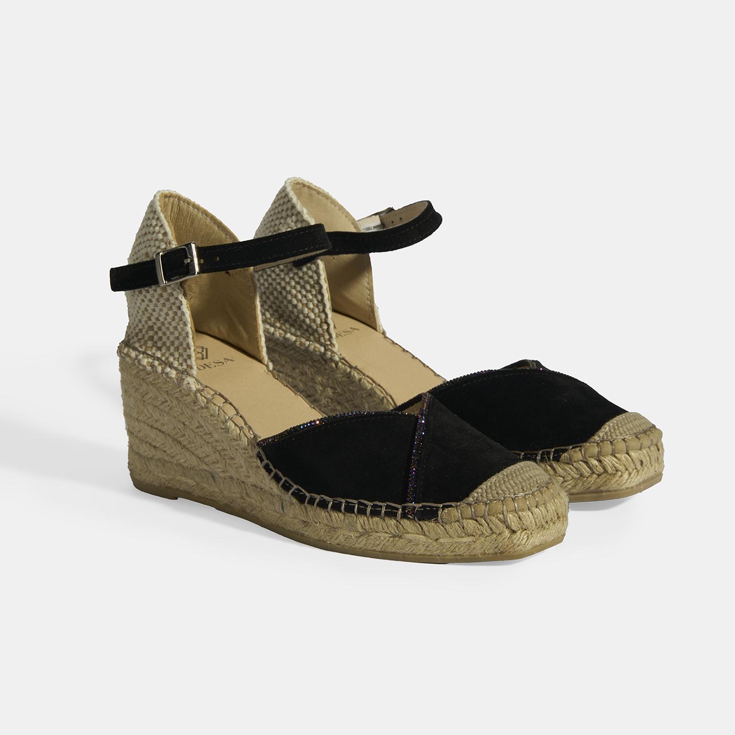 Siyah Kadın Toka Aksesuarlı Taş Detaylı Dolgu Topuklu Süet Espadril 2010054118002
