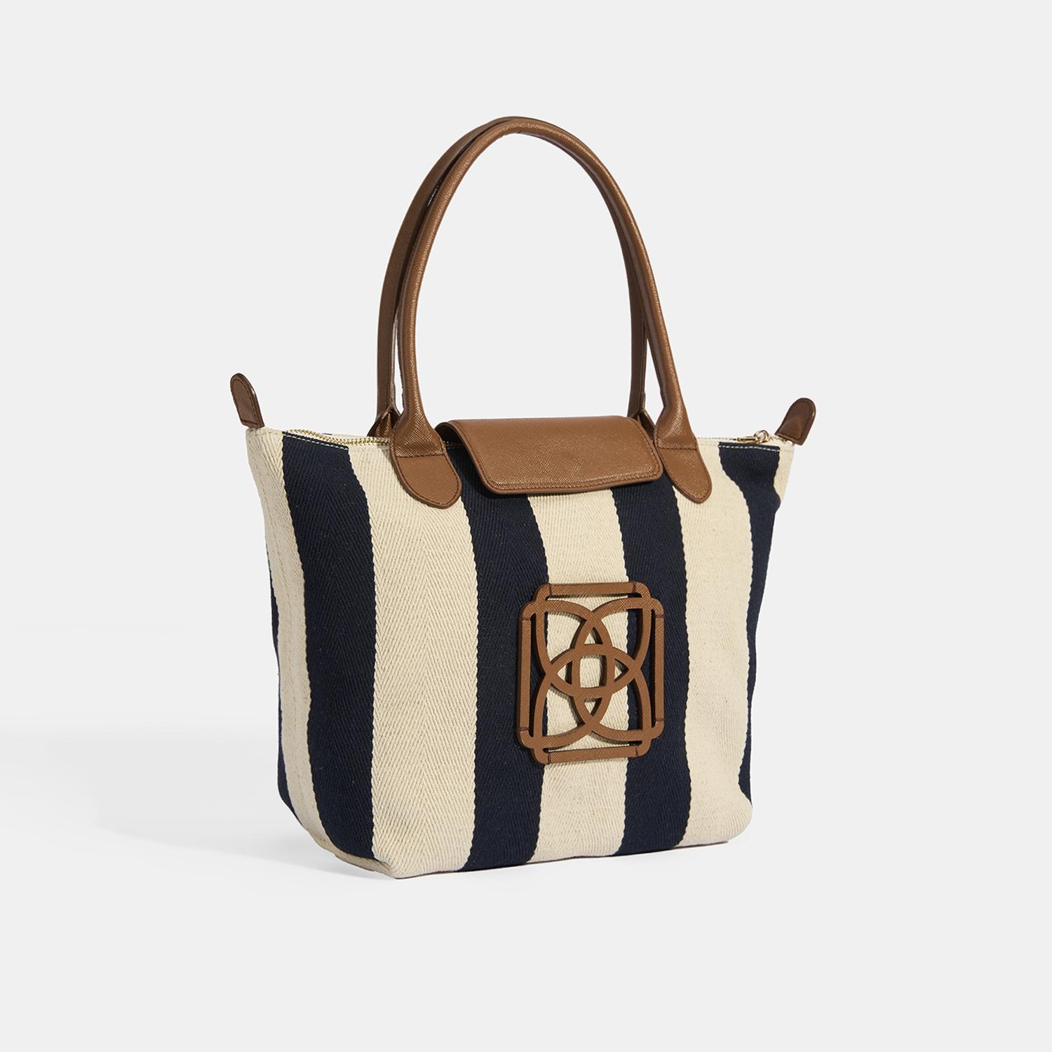 Kadın Monogram Logolu Lacivert Çizgili Kumaş Midi Omuz Çantası 1010040064002