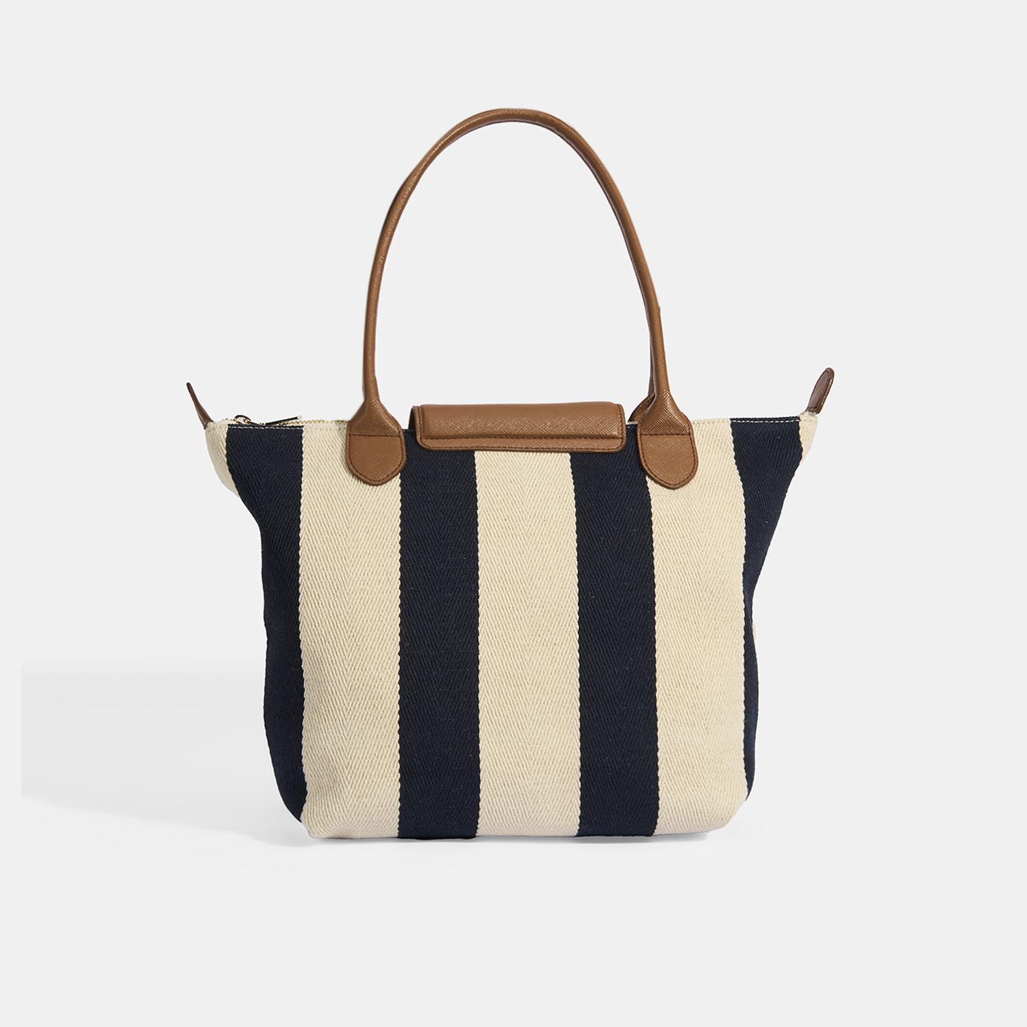 Kadın Monogram Logolu Lacivert Çizgili Kumaş Midi Omuz Çantası 1010040064002