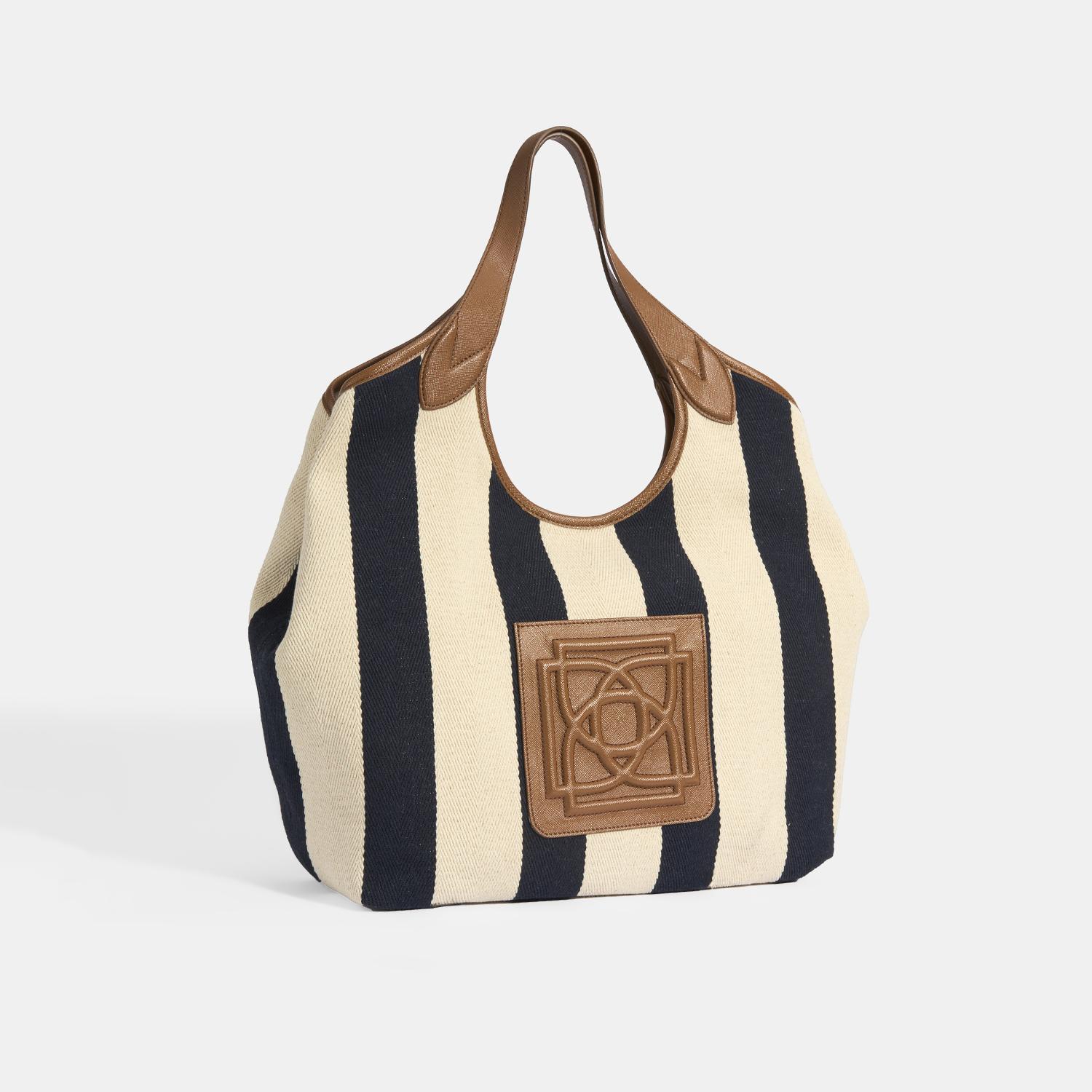 Kadın Monogram Logolu Lacivert Çizgili Kumaş Omuz Çantası 1010040067002