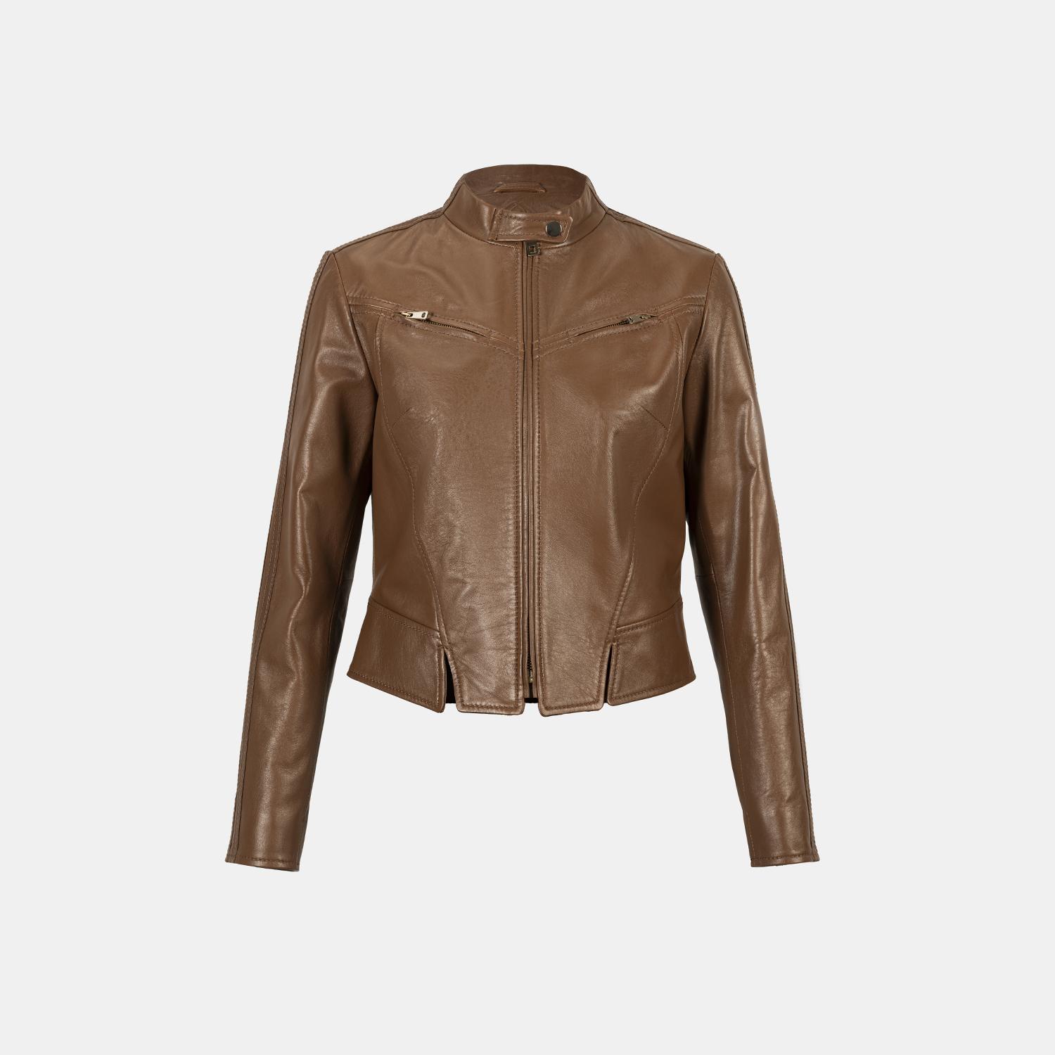 Kadın Taba Deri Biker Ceket 1010039902006