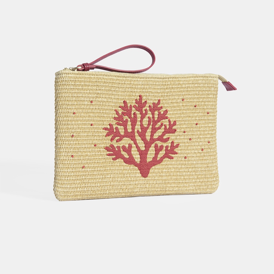 Kırmızı Mercan Nakışlı Hasır Clutch 1010039741001