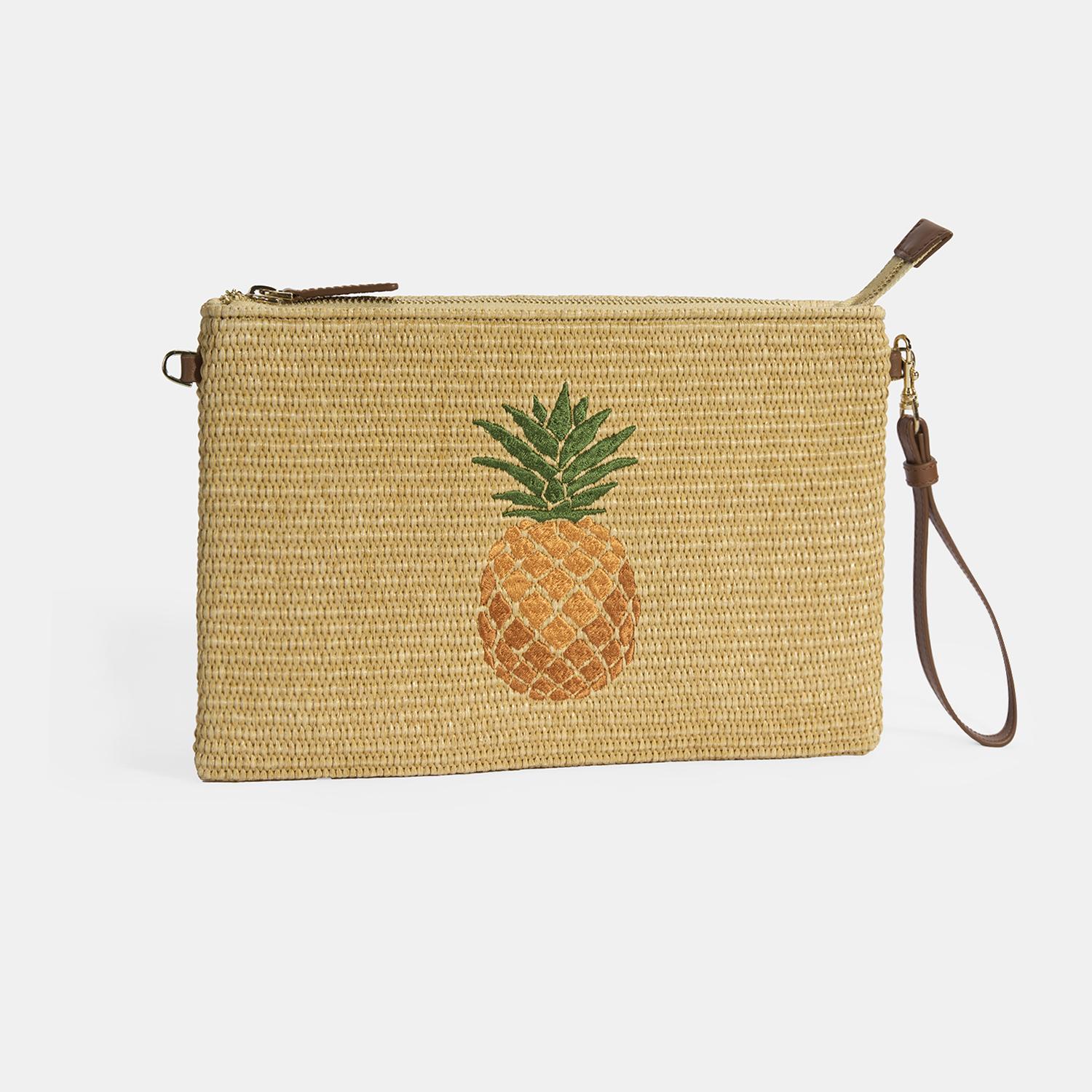 Kadın Taba Ananas Nakışlı Hasır Clutch 1010040094001