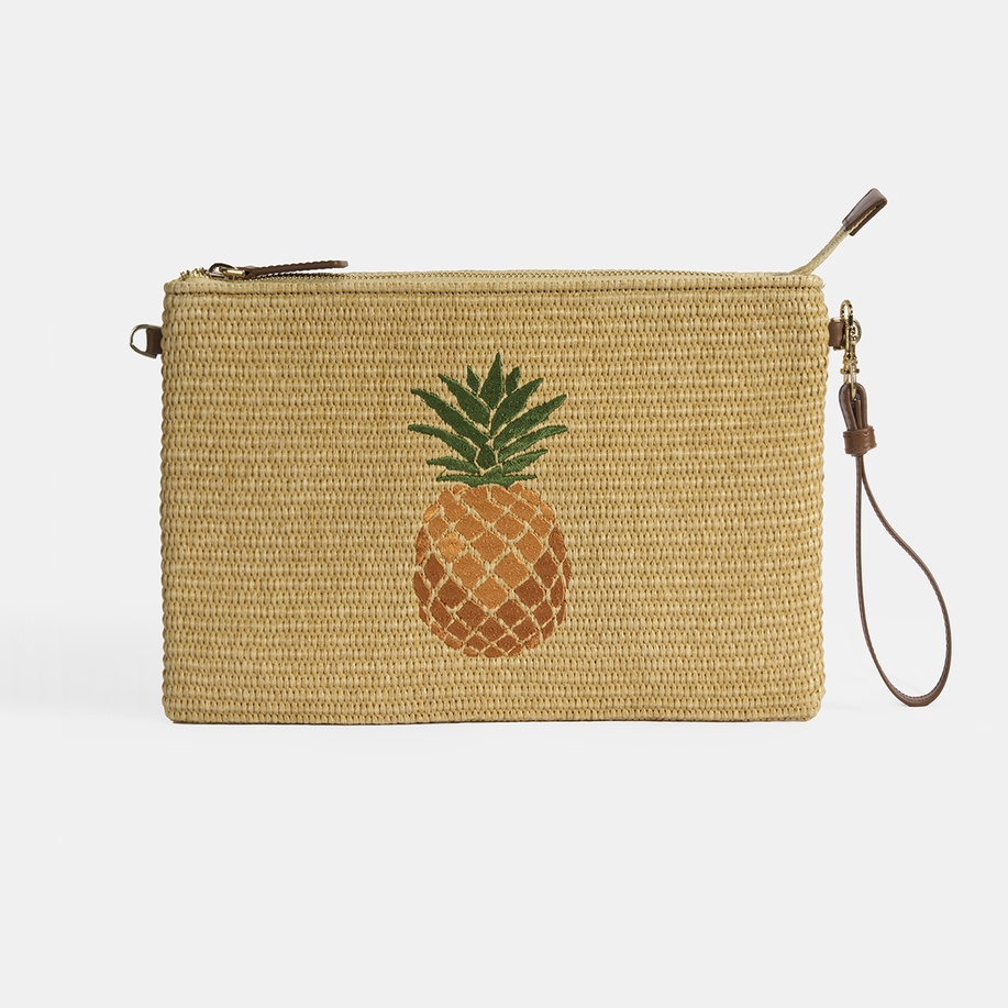 Kadın Taba Ananas Nakışlı Hasır Clutch 1010040094001