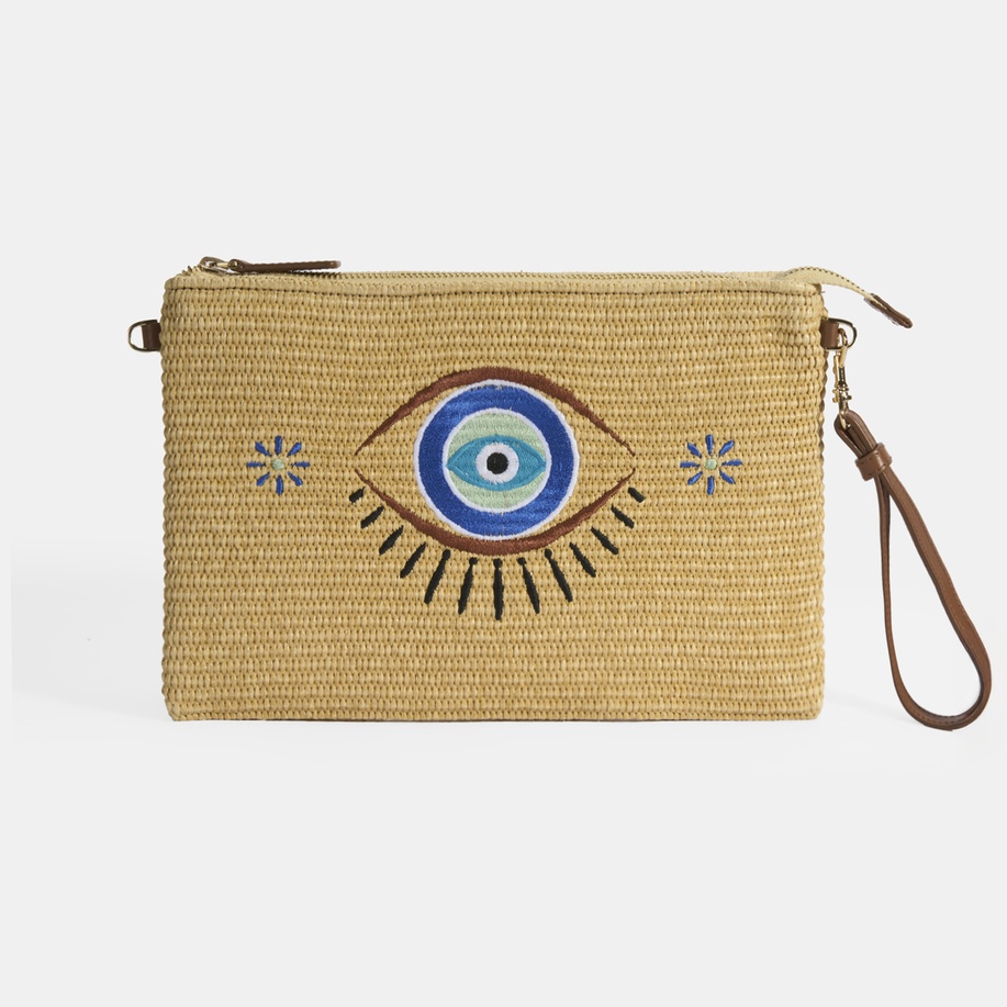 Kadın Taba Göz Nakışlı Hasır Clutch 1010040093001