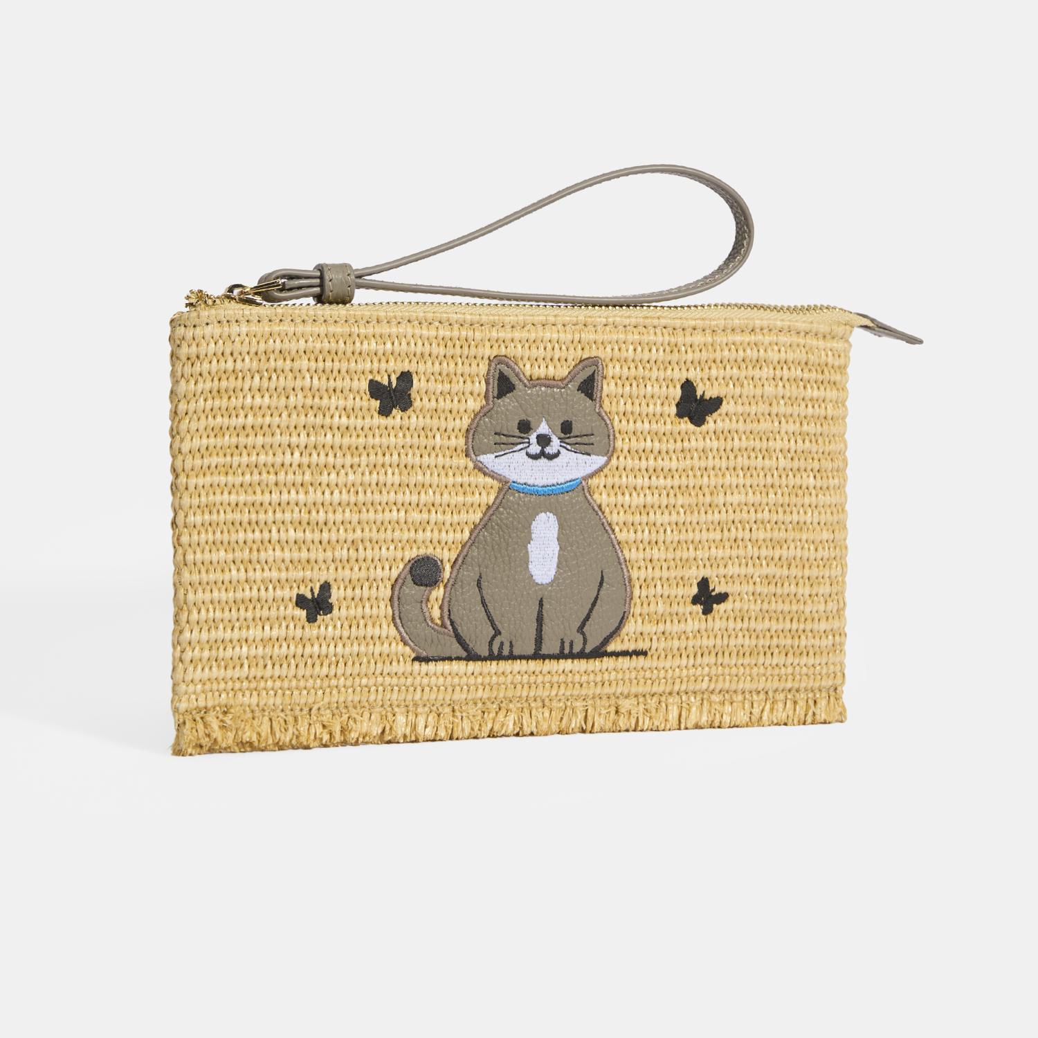 Kadın Gri Kedi Nakışlı Hasır Clutch 1010040089001