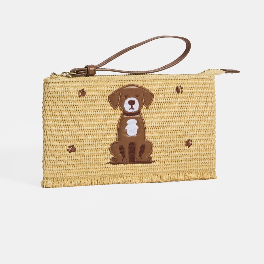 Kadın Kahve Köpek Nakışlı Hasır Clutch 1010040089002