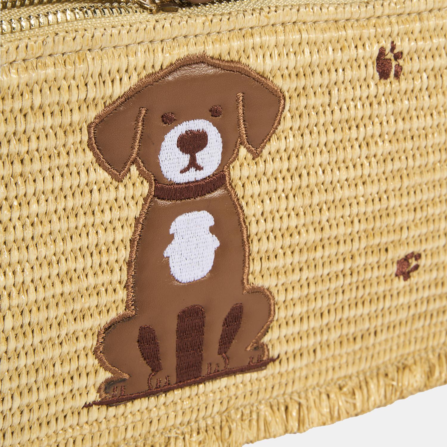 Kadın Kahve Köpek Nakışlı Hasır Clutch 1010040089002